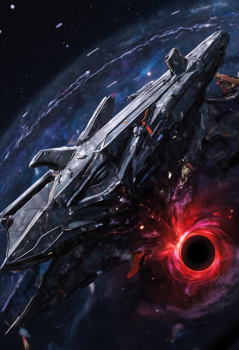 Create an ultra-realistic depiction of a massive, futuristic spaceship with a triangular-shaped front, passing through a black hole. The ship is sleek, metallic, and covered in intricate, hyper-detailed surface textures, including mechanical parts, vents, glowing lights, and energy conduits. The triangle-shaped head of the ship is enormous, with sharp edges and angular structures, designed for high-speed travel through space. As the ship approaches the black hole, the front begins to distort, stretching and bending as it is pulled into the immense gravitational field. The black hole is portrayed with extreme detail—an intense, swirling vortex of dark energy surrounded by an accretion disk of glowing gas, with streaks of bright colors (blues, purples, and oranges) being sucked into the singularity. The surrounding space is distorted, with stars and nebulae warping around the event horizon. The scene should evoke a sense of scale, danger, and cosmic wonder, highlighting the immense forces at play as the ship is consumed by the red glowing glossy black hole."