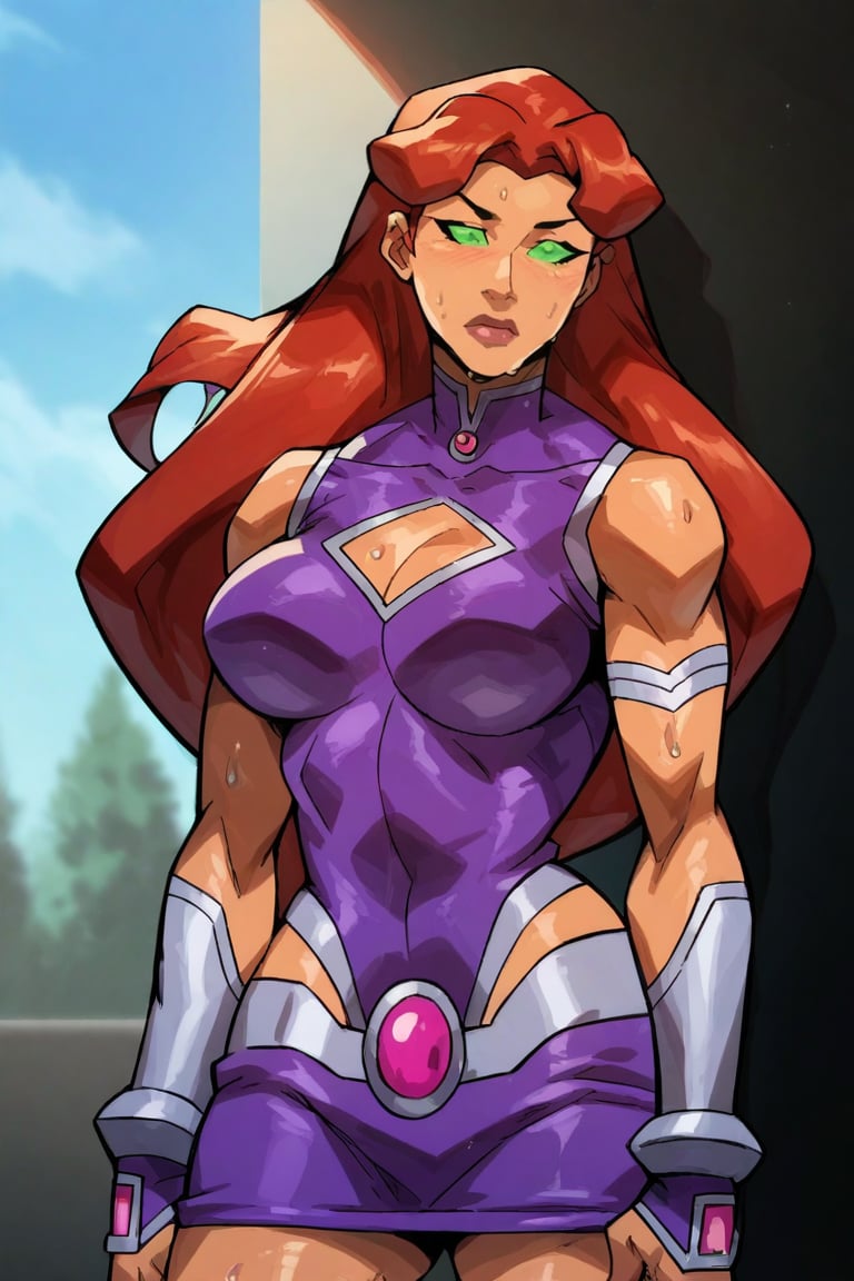 1girl,sweaty shiny skin BREAK score_9, score_8_up, score_7_up, Starfire, red hair, green eyes, green sclera, orange skin, tight clothes, skirt, beautiful face, mature face, loving expression, voluptuous woman, athletic woman