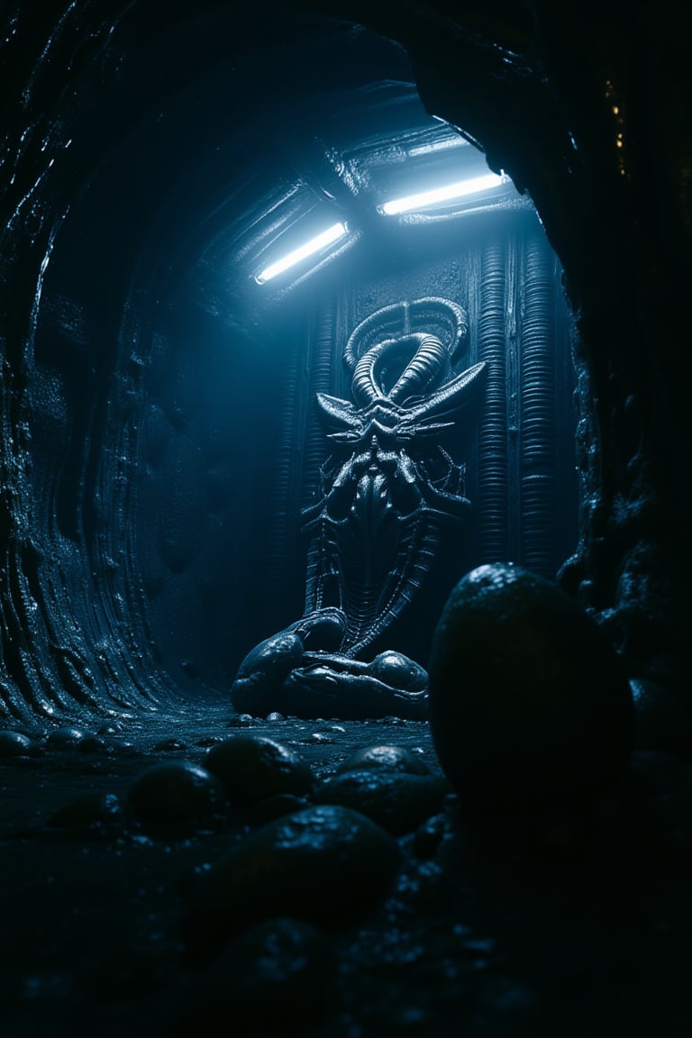 a cinematic movie still shot of xenomorph' spawning room in spacecraft.Facehugger are attached to the man's full face.lying back wall.At the bottom is  xenomorph's eggs with sticky exche.wet_skin,The interior of the spacecraft became xenomorphic.biomechanical style,extreme realism, real life,realistic image, high-quality lighting,16k UHD,film,realistic eyes,(realistic skin),ultra high res, ultra realistic, hightly detailed,golden ratio,a dark light.dark blue light and thick fog.style of H. R. Giger.