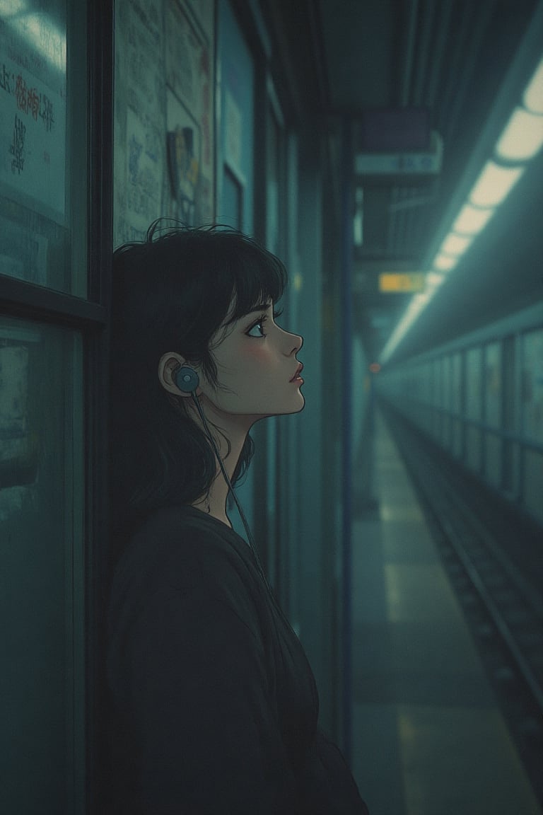 manga_realistic, night,The woman is leaning against the subway wall and looking out the window. She is listening to music with her earphones on,Muted Retro Colors Anime.