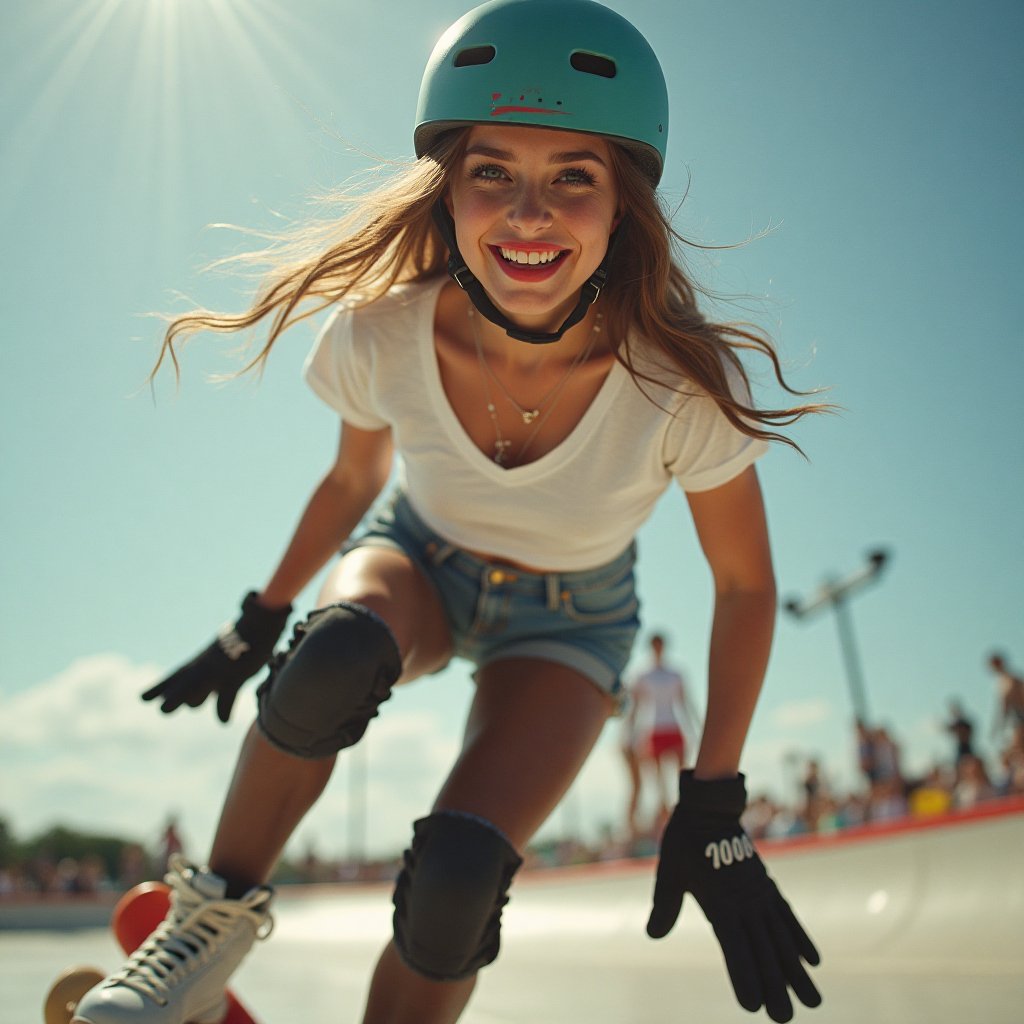 a professional photograph bottom up shot of American Super sexy girl(19years old) in Roller skating stunt competition.She...