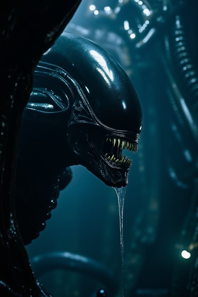 a cinematic movie still shot of xenomorph in spaceship.drooling chin.wet_skin,The interior of the spacecraft became xenomorphic.biomechanical style,extreme realism, real life,realistic image, high-quality lighting,16k UHD,film,realistic eyes,(realistic skin),ultra high res, ultra realistic, hightly detailed,golden ratio,a dark light.dark blue light and thick fog,strobe light.style of H. R. Giger