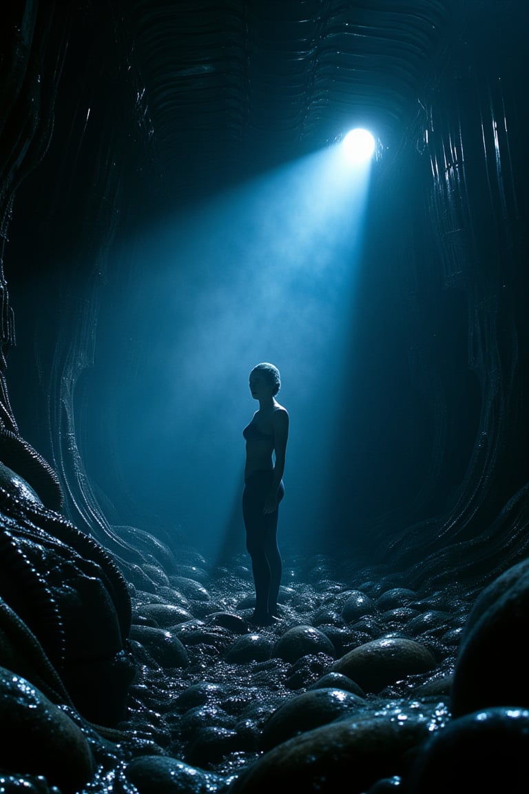 a cinematic movie still shot of xenomorph' spawning room in spacecraft.a woman in a spacesuit.At the bottom is  xenomorph's eggs with sticky exche.wet_skin,The interior of the spacecraft became xenomorphic.biomechanical style,extreme realism, real life,realistic image, high-quality lighting,16k UHD,film,realistic eyes,(realistic skin),ultra high res, ultra realistic, hightly detailed,golden ratio,a dark light.dark blue light and thick fog.style of H. R. Giger.