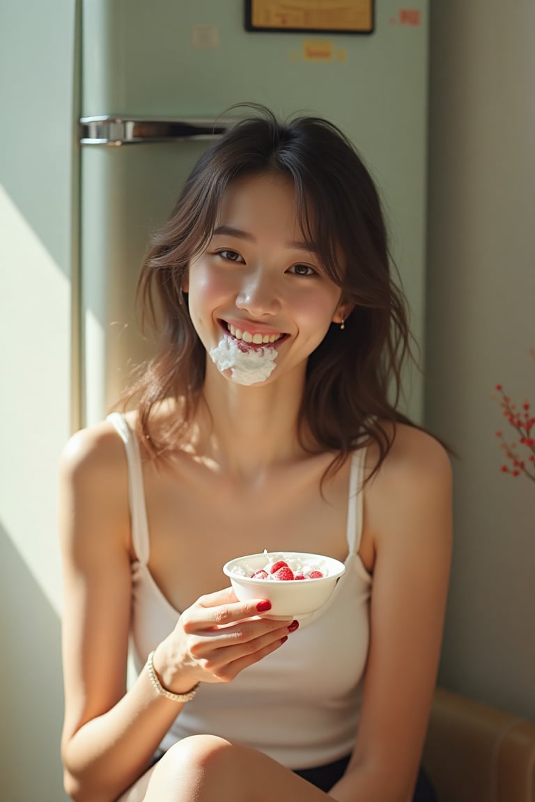 a proffesional photograph shot of Miss Universe Korean in the morning.There is yogurt around her lips,smile and She sits next to the refrigerator with the door open and eats Yogurt,messy_hair,shiny skin,The morning sun shines on her,She has breakfast.a retro refrigerator with an open door behind her,she were white sleeveless, black dolphin short,white socks,extreme realism, real life, realistic image, high-quality lighting,16k UHD.aesthetic,analog film,(realistic face),realistic eyes,(realistic skin),ultra high res, ultra realistic, hightly detailed,golden ratio,Pastel tone.full body.