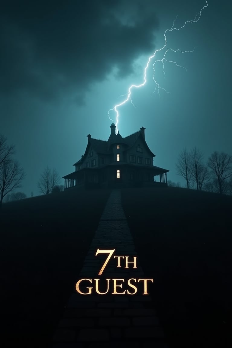 a cinematic movie game screen shot of 7th guest.A house on a hill with a dreary atmosphere. Lightning in the sky. "7th GUEST" is displayed at the bottom of the text. extreme realism, real life, realistic image, high-quality lighting,16k UHD.aesthetic,film,ultra high res, ultra realistic, hightly detailed,golden ratio.