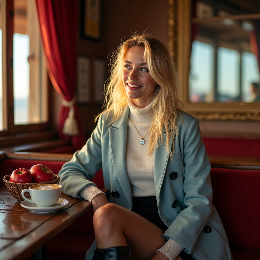A breathtaking 16K UHD photograph of a stunning 19-year-old American beauty,  posing in front of a rustic wooden table at...