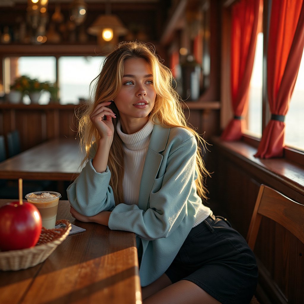 A breathtaking 16K UHD photograph of a stunning 19-year-old American beauty,  posing in front of a rustic wooden table at...