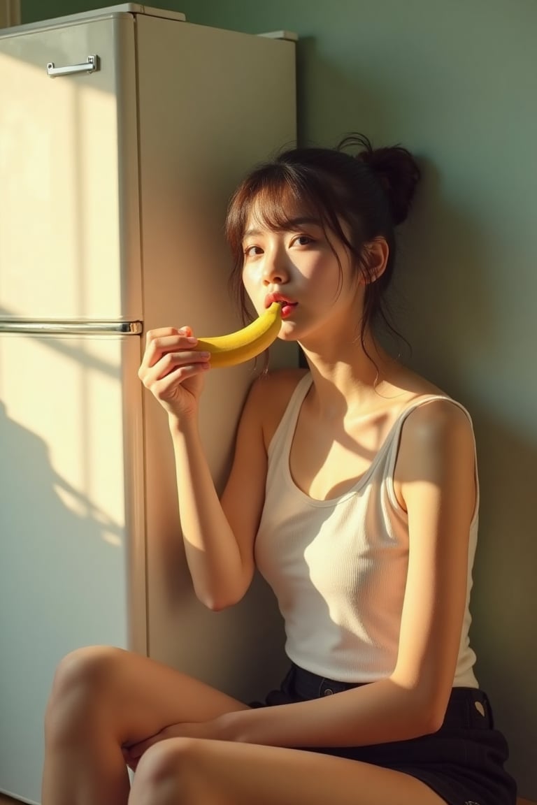 a proffesional photograph shot of Miss Universe Korean in the morning.smile and She sits next to the refrigerator with the door open and eats bananas,messy_hair,shiny skin,The morning sun shines on her,She has breakfast.Retro refrigerator behind her,she were white sleeveless, black dolphin short,white socks,extreme realism, real life, realistic image, high-quality lighting,16k UHD.aesthetic,analog film,(realistic face),realistic eyes,(realistic skin),ultra high res, ultra realistic, hightly detailed,golden ratio,Pastel tone.full body.