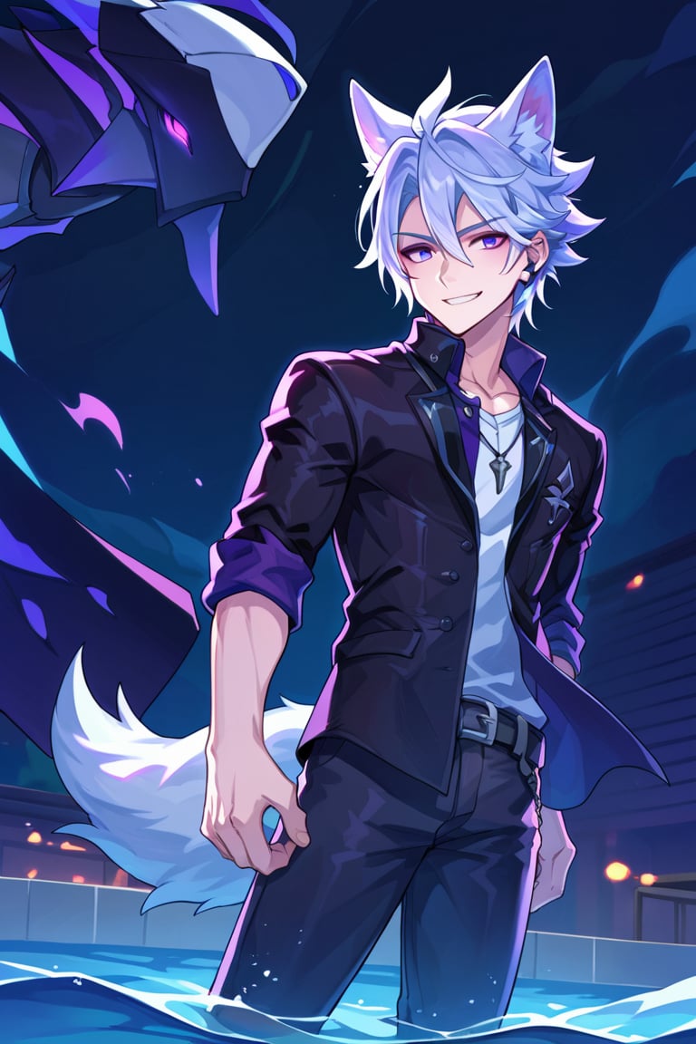 score_9,score_8_up,score_7_up,score_6_up,score_5_up,score_4_up,source_anime,uncencored, BREAK,1boy, focus male, solo,Seth_Lowell,white hair,hair between eyes,wolf ears,long tail,purple eyes, smile, swimming_pool 