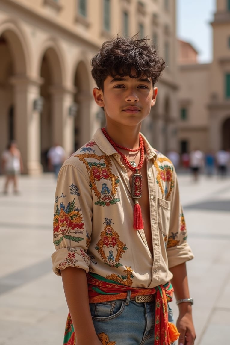 A handsome 14 year old Latin boy, he is in the middle of the square, he is wearing Latin cultural clothes, photo