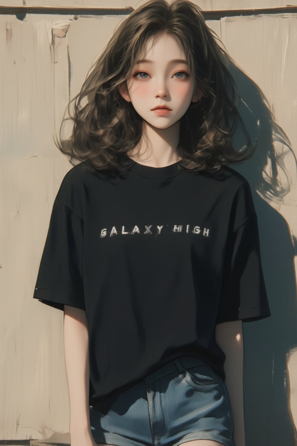 The girl is leaning against the wall. Her black t-shirt has the words Galaxy High written on it.,lyh