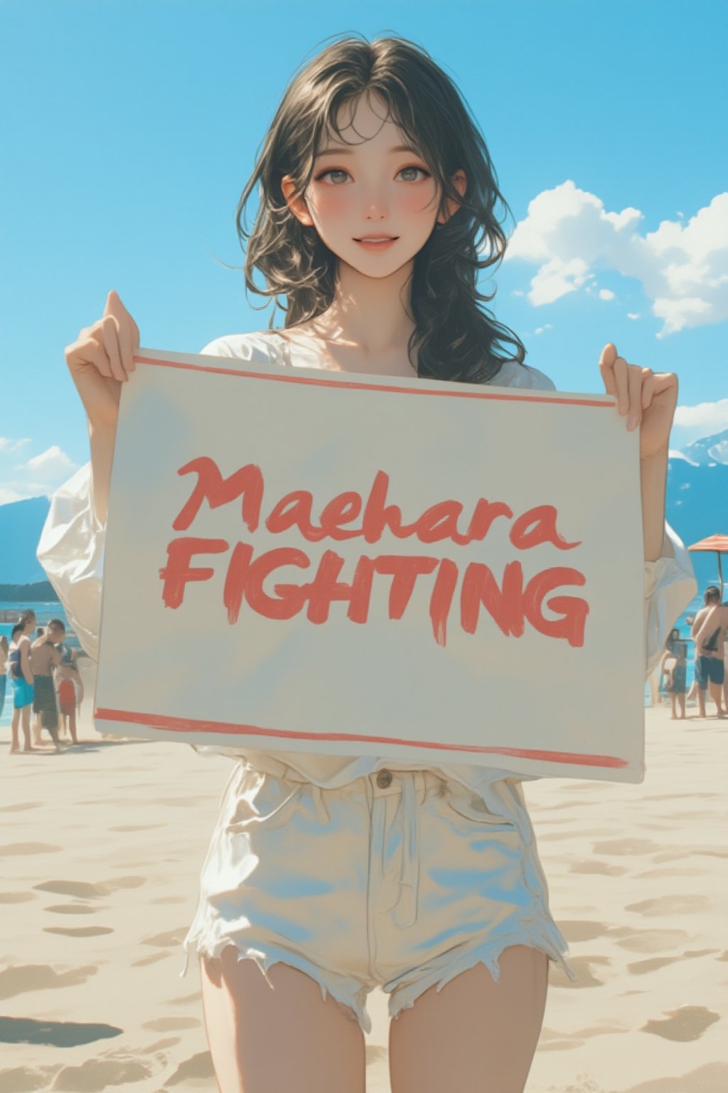 A girl is holding a poster with the words Maehara Fighting on the beach.,