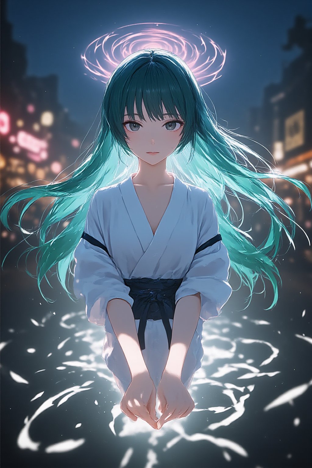 8K, ultra-detailed textures and realistic lighting, beauty and aesthetics, POV, various views, 1girl, solo, cleric, long hair, looking at viewer, bangs, black eyes, closed mouth, light turquoise hair, full body, japanese clothes, blunt bangs, kimono, lips, aqua hair, In Tokyo Disneyland, at night, the Japanese girl stands tall, her crisp white kimono a stark contrast to the noisy surroundings. Colorful neon light Soft, illuminates her porcelain, pale skin, her face illuminated by the glow of a magical circle beneath her. Her hair flows wildly, charged with energy, her eyes focused and determined, her hands outstretched as she summons a swirling vortex of magic. Her vibrant green hair catches the fading moody lighting, framing her serene expression amidst the amusement park, light particles