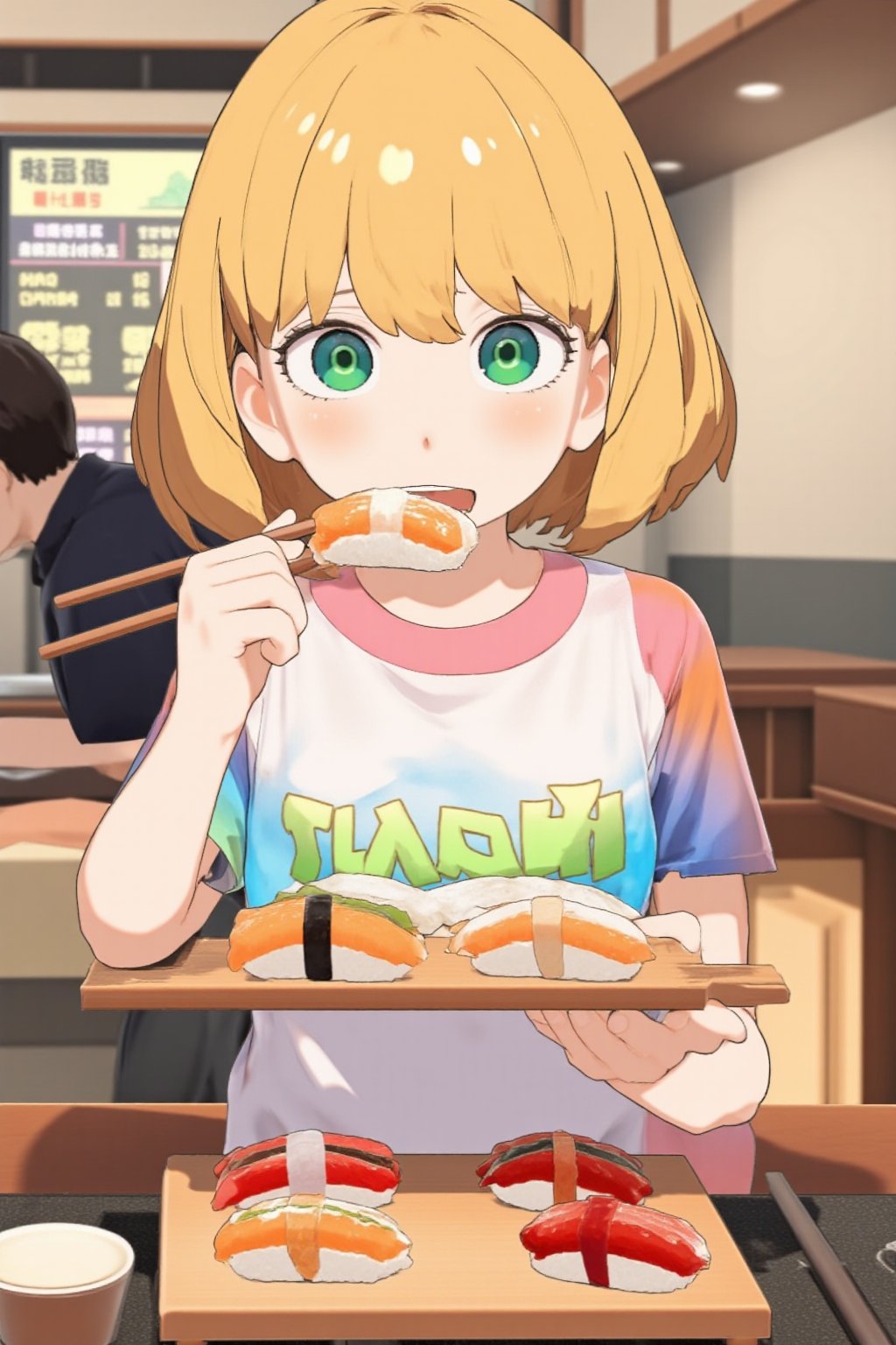 1 girl, cute girl eating nigiri sushi, 8K resolution, photorealistic style. Short blonde hair styled in a trendy bob cut. Bright, expressive eyes wide open with delight. She is wearing a casual, colorful t-shirt, holding a nigiri sushi in one hand, ready to take a bite, mouth slightly open revealing a glimpse of her teeth. Her cheeks are slightly puffed out to express delight. Sitting at the counter of a busy conveyor-belt sushi restaurant. In the background we can see a conveyor belt carrying colorful plates of sushi. On the conveyor we can see plates of nigiri sushi, on the counter we can see a small soy sauce dish and chopsticks. On the wall behind us is a digital menu screen. On the girl's face there is a look of pure delight and anticipation. Focus on the girl and the sushi, the restaurant environment provides context.,anya