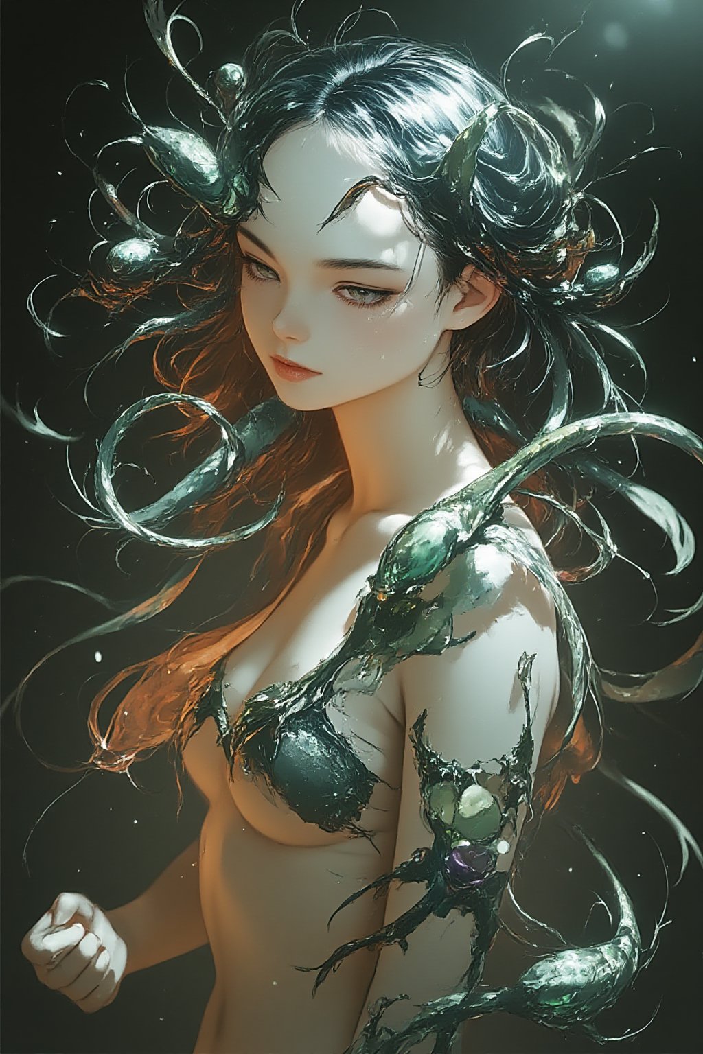 A hyper-detailed, half-body portrait of a beautiful young woman with flawless, pale skin, but her body is being grotesquely parasitized by numerous organic creatures. Slimy, translucent tendrils and pulsating alien growths cling to her neck, arms, and torso, their texture wet and glistening under the soft light. Her expression is a mix of sorrow and defiance, as though fighting against the parasitic invasion. Some of the creatures have embedded themselves into her skin, with sharp, bio-mechanical tendrils spreading through her veins, glowing faintly in sickly green and purple hues. The background is an abstract, shifting mass of colors and forms, representing the merging of her mind with the parasitic creatures. A mix of horror and elegance permeates the scene, as the womanâs beauty contrasts with the grotesque infestation covering her body