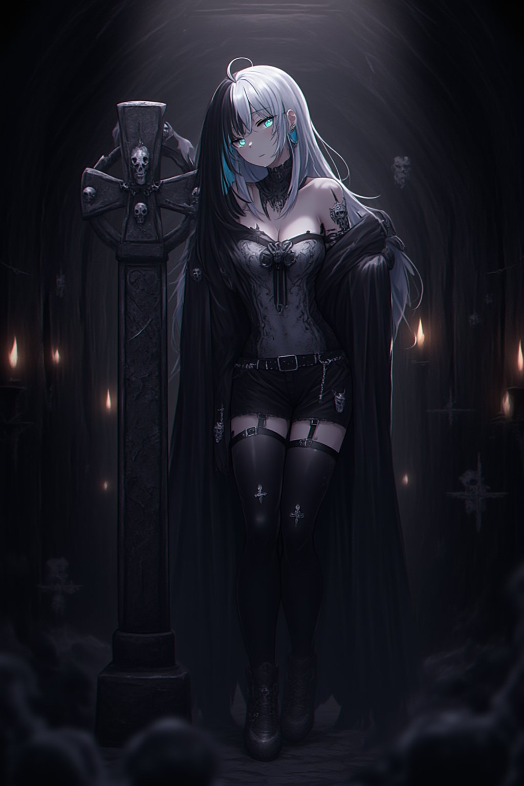 In a dimly lit chamber filled with the aroma of aged wood and incense, an anime-styled female character stands out with her striking white and black hair and bright aqua eyes. Dressed in a black leather ensemble adorned with metallic skulls and crosses, she leans against a gothic cross, exuding strength and enigma. The atmosphere is alive with whispers of forgotten souls and hints of wandering zombies, creating a scene of dark magic and mystery.
AI