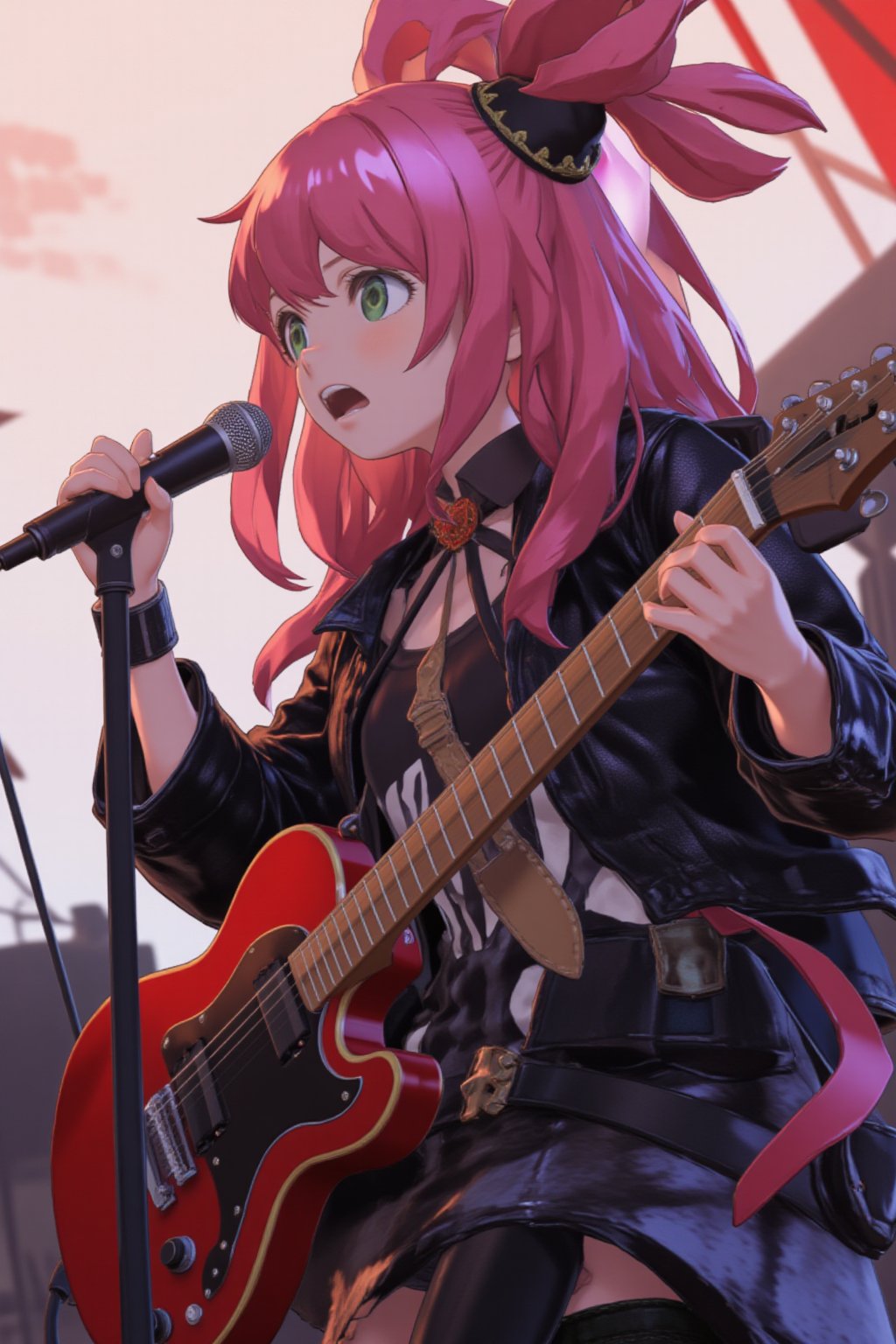 Monika from Doki Doki Literature singing "Love?" by Strapping Young Lad, screaming the lyrics with sheer passion into a microphone, superbly detailed, emotional, extreme metal ,anya