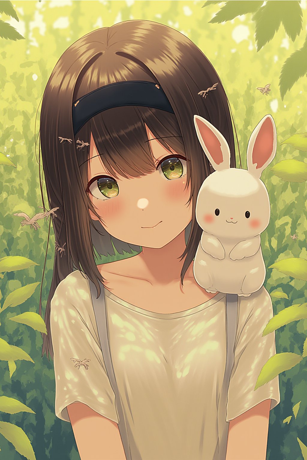 A cozy summer oil painting portrait of japanese girl with a cute bunny, style by Atey Ghailan, the air is warm and still, and the only sound is the gentle chirping of crickets, feel safe and loved, detailed eyes, perfect eyes, The scene is peaceful and nostalgic, and it brings a smile to your face,