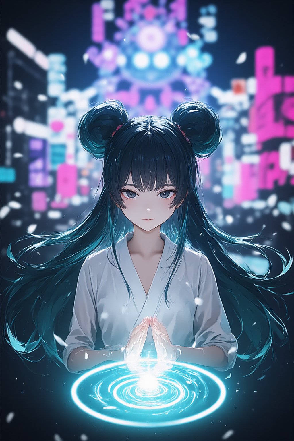 8K, ultra-detailed textures and realistic lighting, beauty and aesthetics, POV, various views, 1girl, solo, cleric, long hair, looking at viewer, bangs, black eyes, closed mouth, light turquoise hair, full body, japanese clothes, blunt bangs, kimono, lips, aqua hair, In Tokyo Disneyland, at night, the Japanese girl stands tall, her crisp white kimono a stark contrast to the noisy surroundings. Colorful neon light Soft, illuminates her porcelain, pale skin, her face illuminated by the glow of a magical circle beneath her. Her hair flows wildly, charged with energy, her eyes focused and determined, her hands outstretched as she summons a swirling vortex of magic. Her vibrant green hair catches the fading moody lighting, framing her serene expression amidst the amusement park, light particles