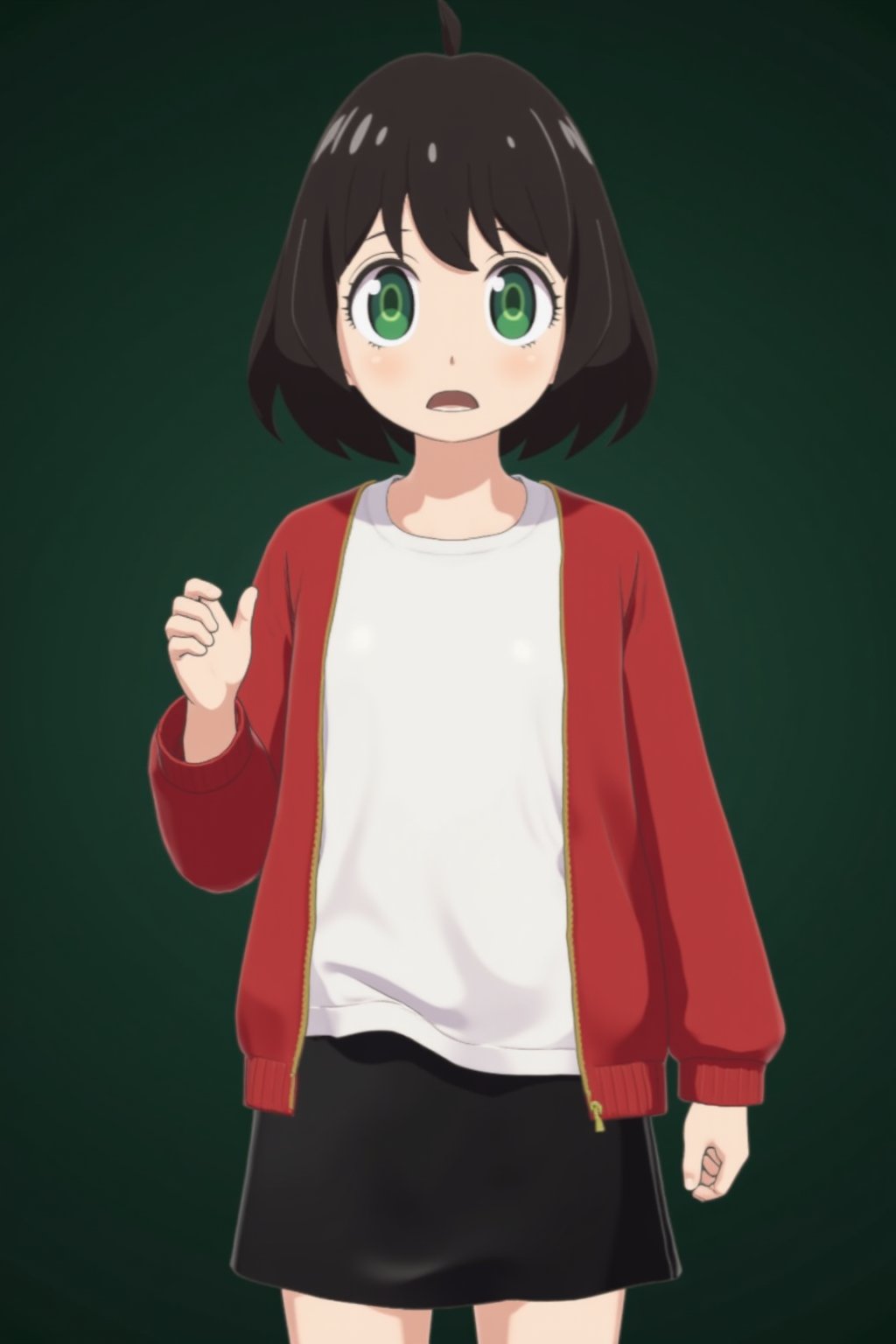 2D anime cartoon of an athletic woman, with very short hair and bangs, wearing casual and waving her hand. She has large eyes, an open mouth in surprise, and is wearing a white t-shirt, black skirt, and a red jacket, set against a dark green background. The character is facing the viewer from a frontal angle. Anime aesthetic in the style of A-idealism.,anya