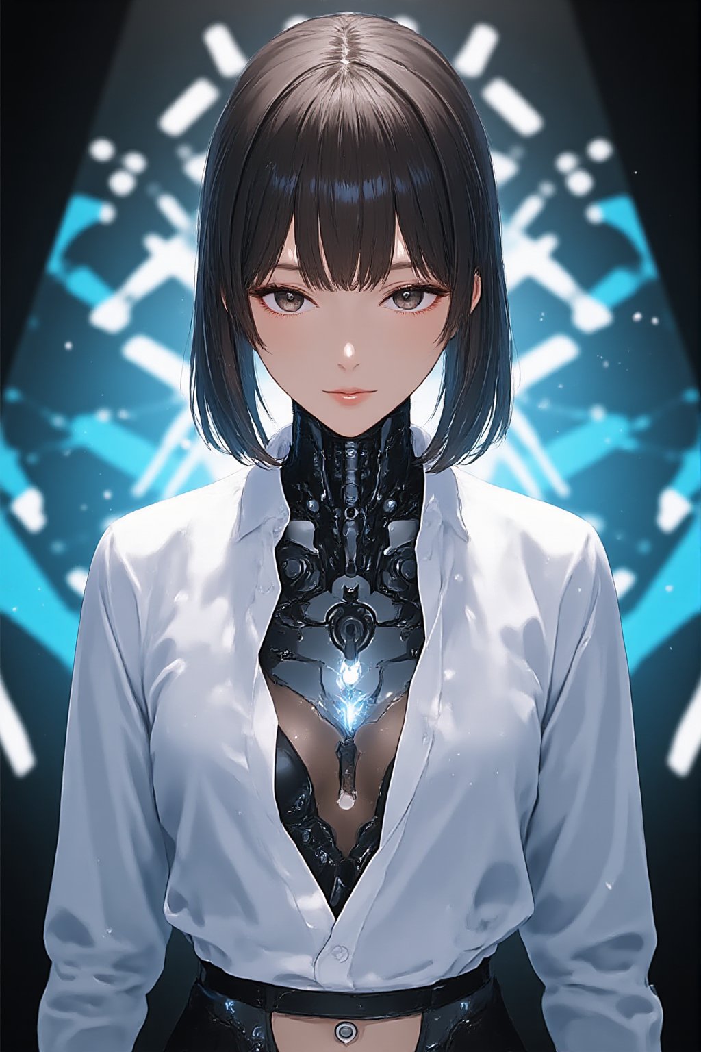 Cyberpunk female android wearing a white shirt, ((The shirt is wet and transparent)),see-through clothes, A cybernetic body can be seen underneath, light reflecting off the mirrored mechanical body, short wavy brown hair, and piercing eyes. Mechanical neck and chest with intricate details. Futuristic background with holographic elements. Anime style, high-contrast lighting, detailed mechanical parts, elegant yet robot-like poses, and a sophisticated and mysterious atmosphere.