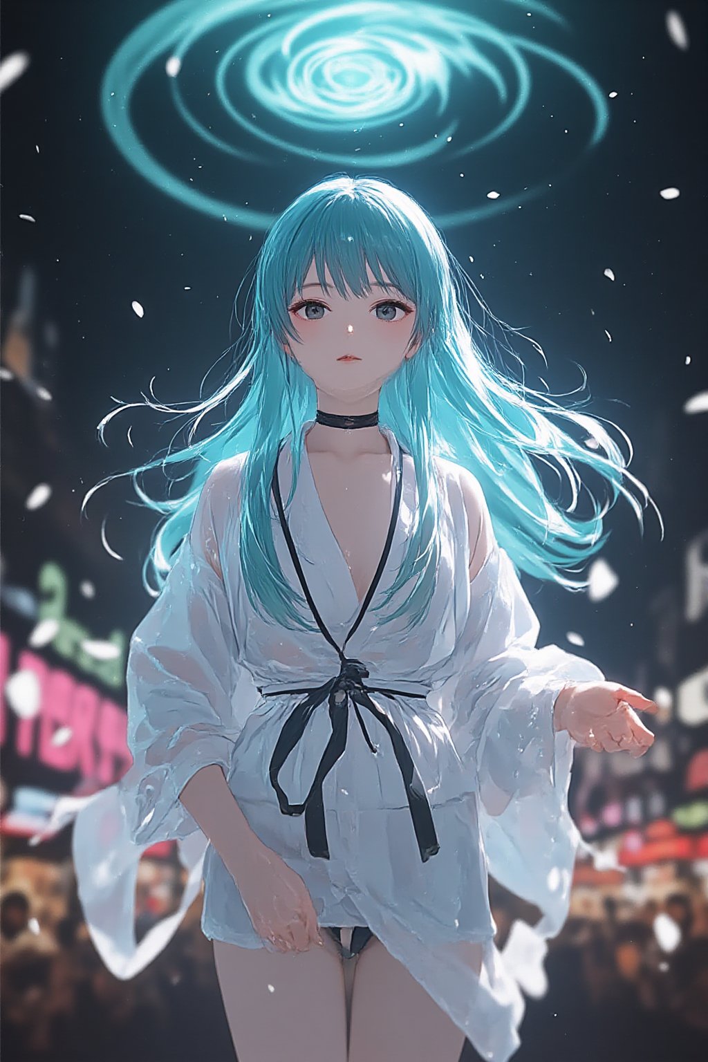 8K, ultra-detailed textures and realistic lighting, beauty and aesthetics, POV, various views, 1girl, solo, cleric, long hair, looking at viewer, bangs, black eyes, closed mouth, light turquoise hair, full body, japanese clothes, blunt bangs, kimono, lips, aqua hair, In Tokyo Disneyland, at night, the Japanese girl stands tall, her crisp white kimono a stark contrast to the noisy surroundings. Colorful neon light Soft, illuminates her porcelain, pale skin, her face illuminated by the glow of a magical circle beneath her. Her hair flows wildly, charged with energy, her eyes focused and determined, her hands outstretched as she summons a swirling vortex of magic. Her vibrant green hair catches the fading moody lighting, framing her serene expression amidst the amusement park, light particles