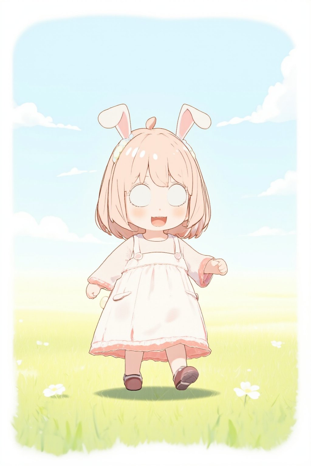 watercolor, bunny toddler girl in kindergarten lightblue smock walking fields, background blue sky,anya