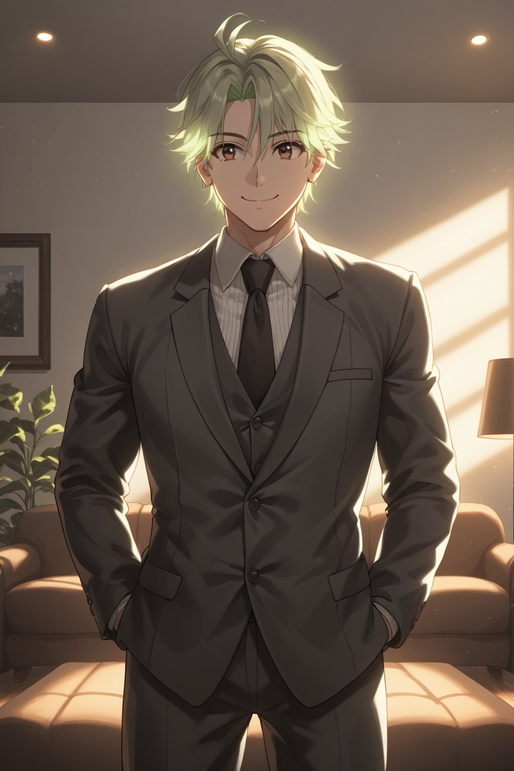 Boy,athletic build,Volumetric lighting, dim,backlight, shadow light,light green hair,brown eyes,,smiling,suit, living room