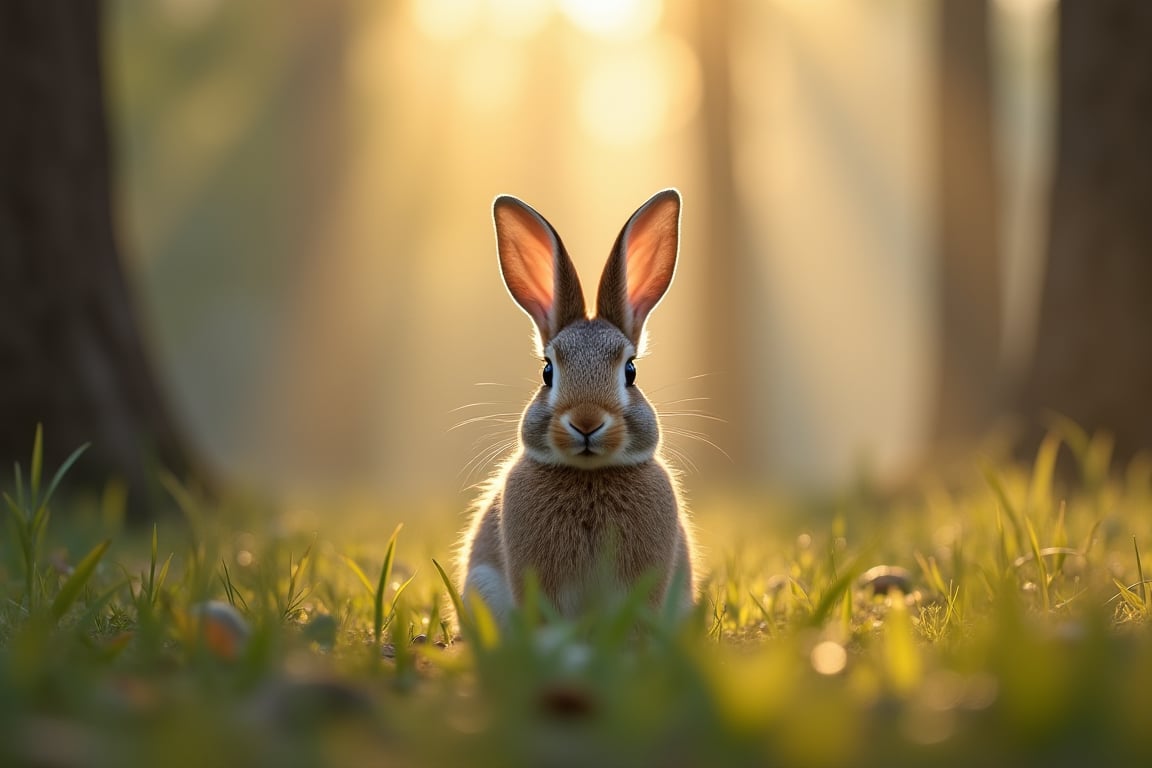 close up photo of a rabbit, forest in spring, haze, halation, bloom, dramatic atmosphere, centred, rule of thirds, 200mm 1.4f macro shot
