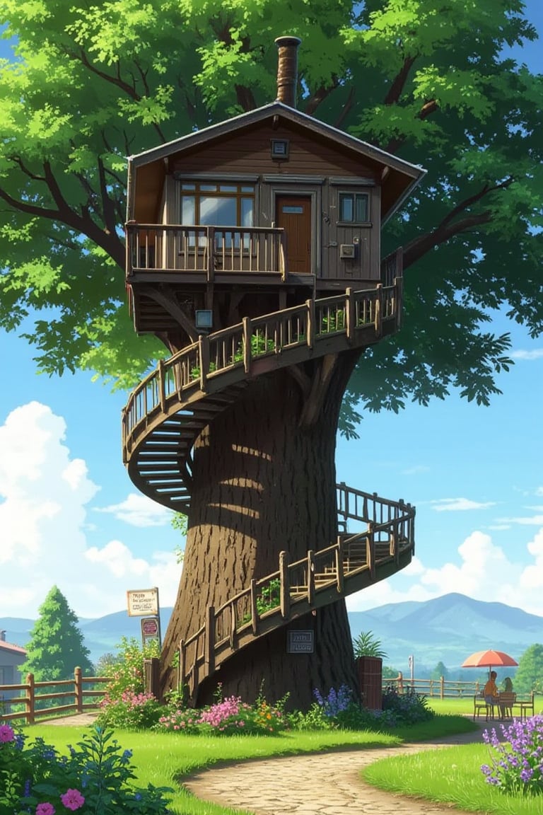 create an image of a big tall busy whimsical treehouse, there are windows and doors, a winding staircase windfs up the side of the tree, there are little flower gardens around and grass ,glitter