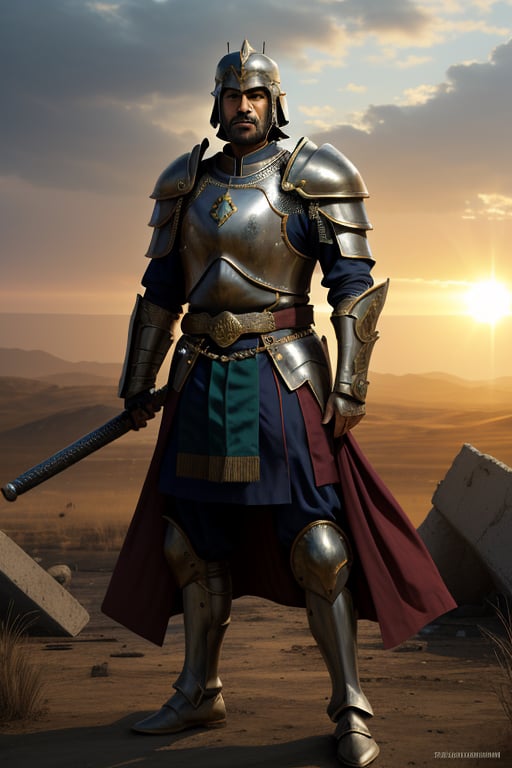 While the Ottoman janissary agha looks straight ahead on the battlefield, there are fallen soldiers and a ruined battlefield in the background. The Janissary agha stands majestically, dressed in his armor, with his mace in one hand and his shield in the other. The sun was setting and the rays of light reflected on his shield and armor.