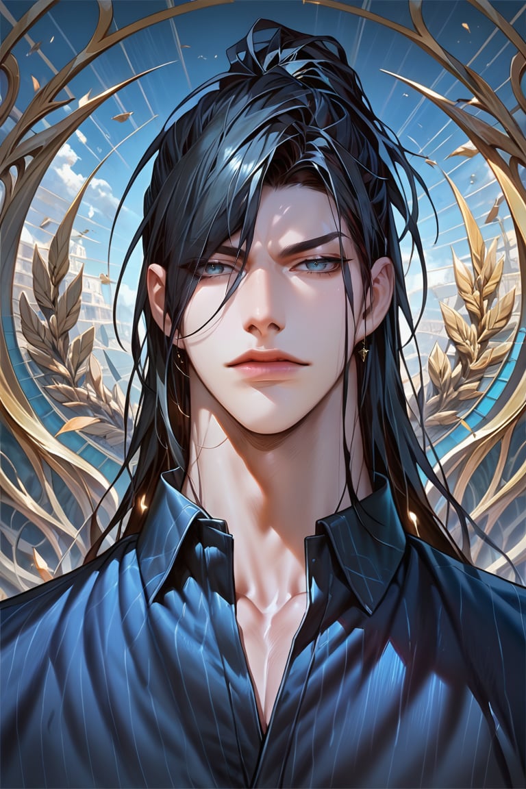 score_9, score_8_up, score_7_up, masterpiece, best quality, absurdres, very aesthetic, source_anime, detailed illustration, 8k UHD, (detailed background:1.1), looking at viewer,kayden,1boy,solo, black hair,blue eyes, strong, tall, handsome face, long hair