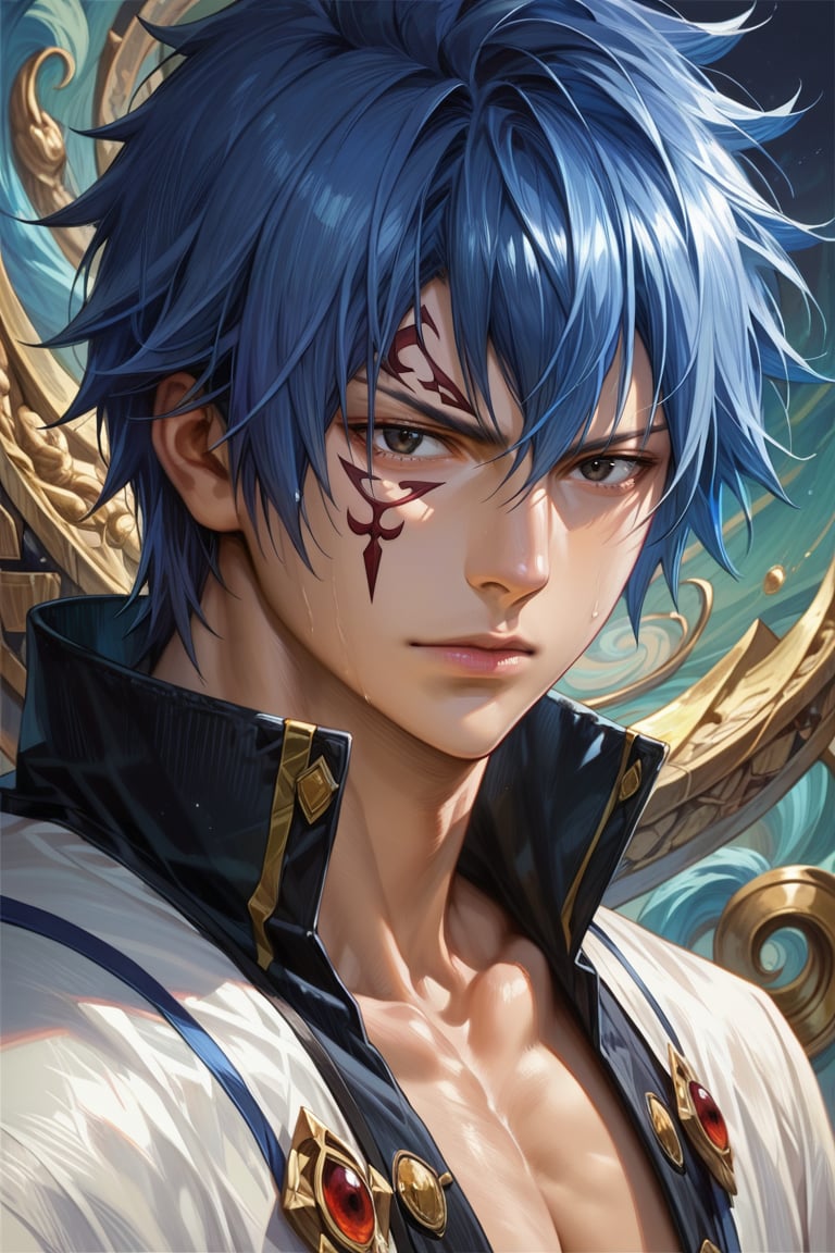 score_9, score_8_up, score_7_up, masterpiece, best quality, absurdres, very aesthetic, source_anime, detailed illustration, 8k UHD, (detailed background:1.1), looking at viewer, 1boy, solo, handsome face, blue hair, black eyes,jellal_fernandes, short hair