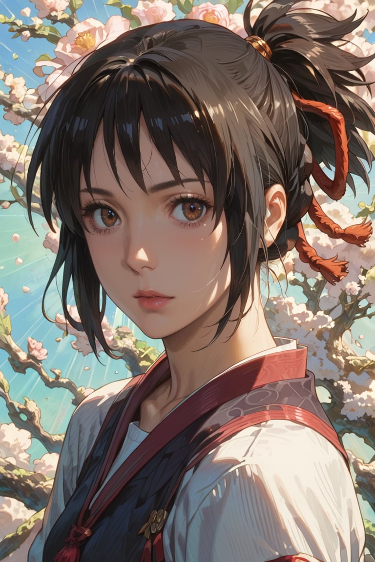 score_9, score_8_up, score_7_up, masterpiece, best quality, absurdres, very aesthetic, source_anime, detailed illustration, 8k UHD, (detailed background:1.1), looking at viewer, 1 girl,solo, beautiful face, miyamizu mitsuha, brown eyes,short hair, hair ribbon,red ribbon, ponytail, black hair