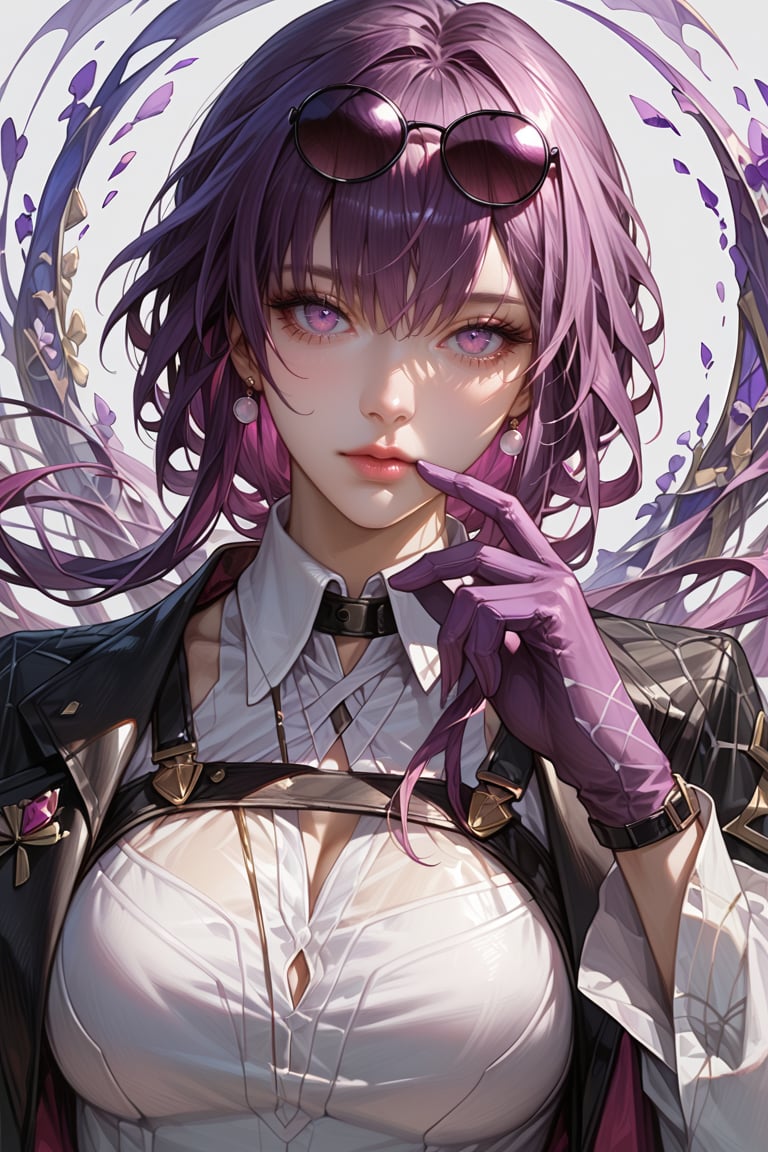 score_9, score_8_up, score_7_up, masterpiece, best quality, absurdres, very aesthetic, source_anime, detailed illustration, 8k UHD, (detailed background:1.1), looking at viewer,1girl, solo,zzKafka, purple_hair, purple_eyes, sunglasses, eyewear on head, harness, black jacket, white shirt, collared shirt, long sleeves, white sleeves, purple gloves, black shorts, beautiful face