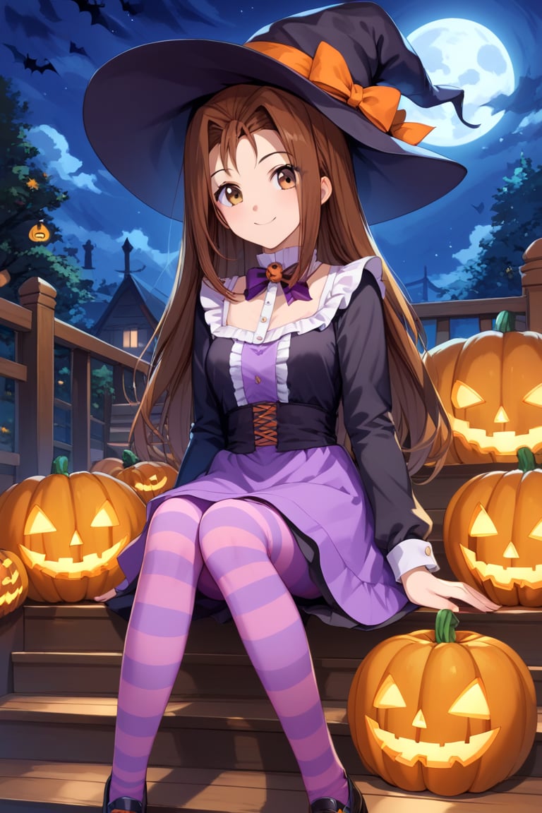 score_9, score_8_up, score_7_up, score_6_up, score_5_up, score_4_up, source_anime, rating_safe, smiling girl in a Halloween dress and a witch hat  sitting on the wooden stairs with jack-o-lanterns around it, hat with pumpkin mascots, cute dress, puffy long sleeves, yellow and purple striped tights, jack-o'-lantern, halloween, candy, sitting, pumpkin, moon, pantyhose, outdoors, night, sfw,Serenity Wheeler,1girl, brown hair, long hair, brown eyes