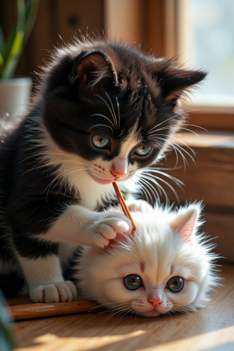 Here’s the prompt for the scene featuring the mother kitten grooming the toy in the early morning:

---

### Scene: Grooming the Toy in the Early Morning

**a. Character & Look:**  
- **Mother Kitten:** A graceful, nurturing mother tuxedo kitten with a soft black and white coat. She is focused and gentle, displaying her caring nature. Her bright eyes shine with determination as she lovingly attends to her toy, demonstrating a deep bond.

**b. Toy:**  
- **Toy:** A small, fluffy white kitten toy bag, once soft and huggable, now slightly matted from being washed and dried. Its features include big sparkling eyes and a charming little nose, still retaining its cuteness despite its condition.

**c. Scene Location:**  
The scene takes place in the cozy laundry area of their treehouse in the early morning. Soft rays of sunlight filter through the window, illuminating the space with a warm glow. The gentle sounds of the jungle waking up provide a soothing background ambiance.

**d. Image Description:**  
In a hyper-realistic 64K ultra-detailed photo, the focus is on the mother tuxedo kitten, shown in a close-up view as she carefully uses a small comb to groom the face of the fluffy white kitten toy. The mother’s delicate paws are captured mid-motion, gently smoothing out the toy’s fur, while her expression radiates love and care. The background highlights the warm morning light and the inviting atmosphere of the treehouse, emphasizing the tender moment of rejuvenation for the beloved toy.

---

Let me know if you would like any adjustments or additional details!