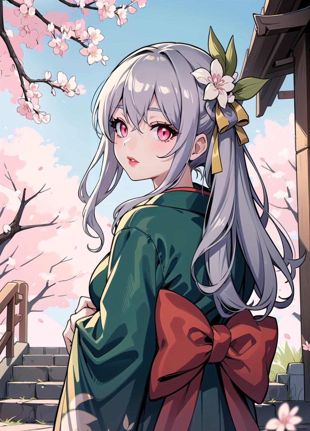 masterpiece, best quality, 1girl, yellow eyes, long hair, grey hair, tree, stairs, standing, kimono, sky, cherry blossoms, temple, looking at viewer, upper body, from below, looking back and smiling,