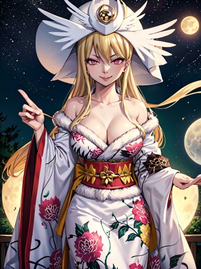 ftselenecas, pink eyes, blonde hair, mature female, hat,cleavage, kimono, japanese clothes, moon, white clothes , big chest, smile, perfect waist, large breasts, kimono, side view