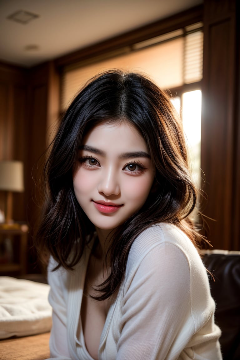 In a cinematic shot with muted colors and soothing tones, Taeri, the stunningly beautiful 18-year-old Korean beauty model, poses confidently with an alluring smile. Her oversized eyes sparkle as she gazes directly at the viewer, her bust prominent in the high-contrast illustration. The framing is tight, focusing attention on her captivating features.