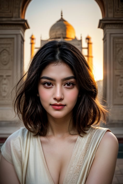 A majestic close-up captures a person's serene expression as they stand before the iconic Taj Mahal's marble mausoleum. The subject's eyes gaze softly into the distance, framed by the intricate carvings and ornate arches. Warm golden light from the setting sun casts a gentle glow on their face, while the surrounding architecture fades to subtle focus.