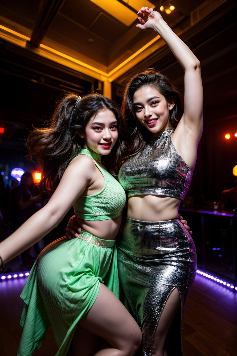 A dimly lit nightclub pulsates with energy as two girls, their faces illuminated only by the strobing lights, sway and twirl to the thumping beat. The dance floor is a kaleidoscope of color and movement, with flashing LED lights casting an otherworldly glow on their radiant smiles.