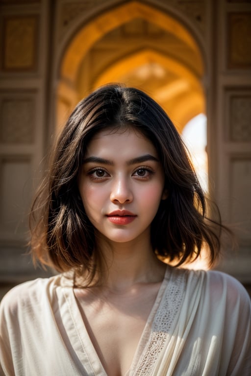 Captured in a tight close-up frame, a person's face is illuminated by soft, golden light. The subject's eyes are cast downward, their expression contemplative as they stand before the majestic Taj Mahal. The intricate marblework and delicate arches of the monument are blurred out of focus, while the person's features take center stage.