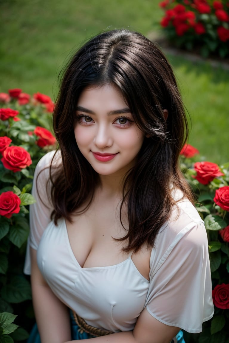  4k, best quality, masterpiece, 20yo 1girl, (traditional Cherokee Indian costume, alluring smile), (Beautiful and detailed eyes), Detailed face, detailed eyes, double eyelids, thin face, real hands, muscular fit body, semi visible abs, ((short hair with long locks:1.2)), black hair, rose garden, happy smile, real person, color splash style photo, (from above:1.3)
