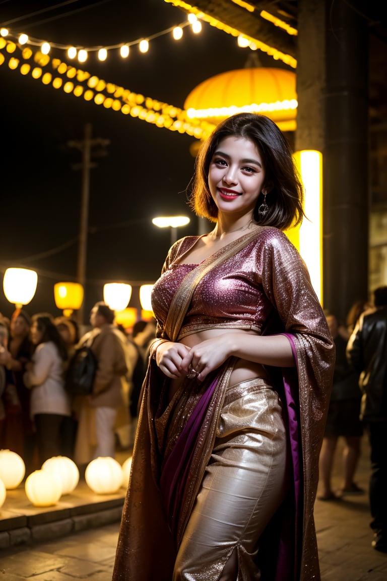 A stunning young woman, adorned with vibrant attire, stands amidst the kaleidoscope of twinkling lanterns at the festival of lights. As she wanders through the crowded streets, the cacophony of music and chatter envelops her, while sweet aromas from street vendors tantalize her taste buds. Amidst the sensory overload, she becomes mesmerized by a performer's fluid dance moves. The rhythmic beats harmonizing with her own heartbeat as she finds herself swaying to the rhythm. The colors and lights reflecting off her joyful smile, illuminating the realization that within this whirlwind of chaos, she has discovered a hidden passion for spontaneous creativity.