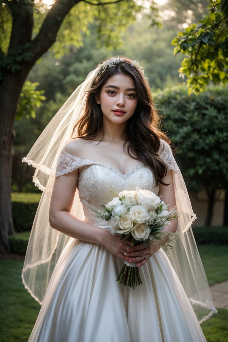  Enchanting bride standing gracefully in her exquisite wedding dress; adorned with intricate lace details and delicate embroidery. The dress flows elegantly to the ground, creating an ethereal silhouette. Her expression is one of serene joy and anticipation, with eyes softly glancing to the side. Her hair is styled in loose waves, adorned with small white flowers that match her bouquet. The scene is set in a lush garden during golden hour, with soft sunlight filtering through the trees, casting gentle shadows and creating a warm, romantic ambiance. The image is rendered in ultra high resolution (16k) with meticulous attention to detail, capturing every nuance from the delicate fabric textures to the realistic skin tones. This masterpiece showcases the bride's beauty and grace in a timeless moment.
