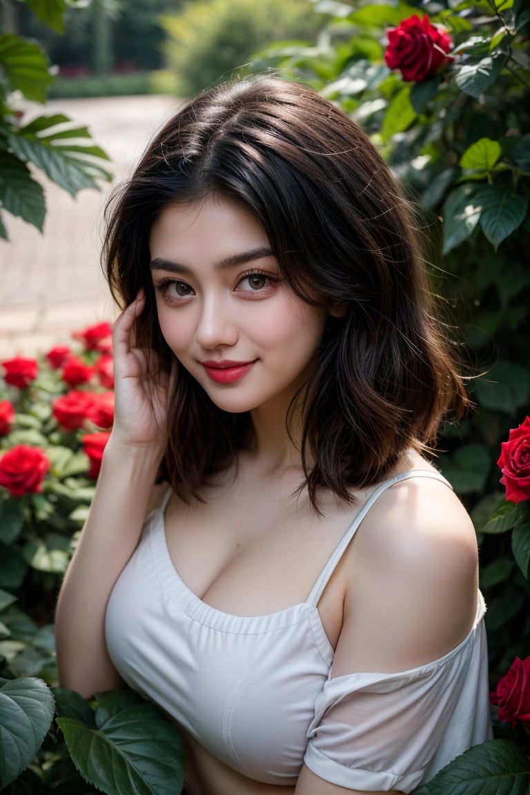 In a vibrant color splash style photograph, a stunning 20-year-old woman wearing a traditional Cherokee Indian costume stands in a lush rose garden, bathed in warm sunlight from above (1.3). Her alluring smile and beautiful, detailed eyes with double eyelids shine bright, framed by her thin face and short hair with long locks reaching down to her shoulders (1.2). The camera captures her real hands and muscular, fit body, showcasing semi-visible abs. The rose garden's vibrant colors and lush foliage create a stunning backdrop for this masterpiece, shot from directly above (1.3), with the best possible quality in 4K resolution.