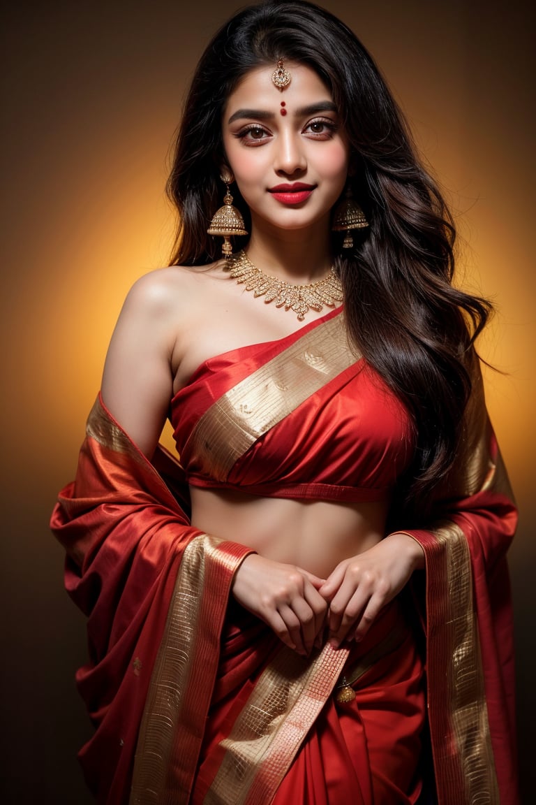 A stunning Indian woman adorned in a vibrant red saree with ornate sequined borders, her long hair cascading to one side as she sports a gentle smile. Traditional earrings and a small bindi adorn her forehead. Against a dark, plain backdrop, the saree's bright hue takes center stage, exuding cultural elegance and beauty.