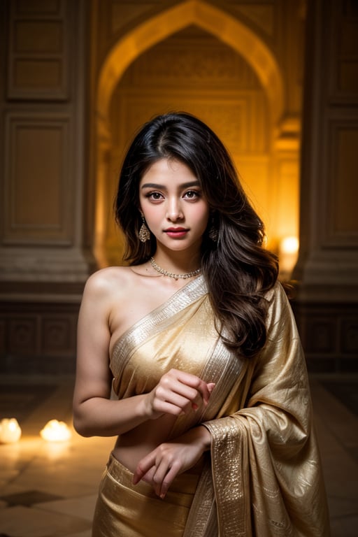 A delicate, golden-hued lotus flower blooms in a woman's hand, her gentle fingers wrapped around its slender stem. In the foreground, the intricate marble tiles and ornate arches of the Taj Mahal's facade are blurred, with only subtle hints of the monument's grandeur visible through the soft focus. The subject's serene face is bathed in warm, diffused light, as if illuminated by the Taj's own ethereal glow.