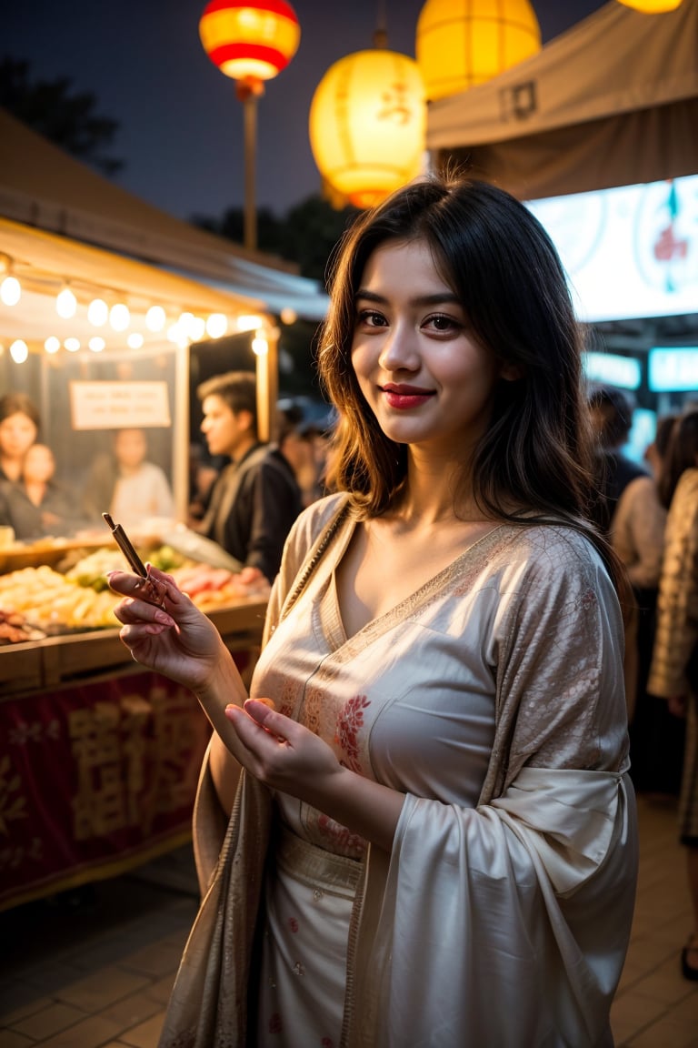 The camera captures the young woman's radiant smile as she walks through the bustling festival grounds, surrounded by twinkling lanterns and vibrant market stalls. The scent of sweet incense wafts through the air, mingling with the rhythmic beats of traditional drums. As she absorbs the kaleidoscope of colors and sounds, her eyes sparkle with wonder. Amidst the mesmerizing display, she pauses at a stall showcasing intricate shadow puppets, transfixed by the silhouettes' gentle dance. In this moment, she discovers a hidden talent for creative expression, realizing that amidst the festival's sensory overload, she found solace in the beauty of storytelling and the art of bringing characters to life through shadows.